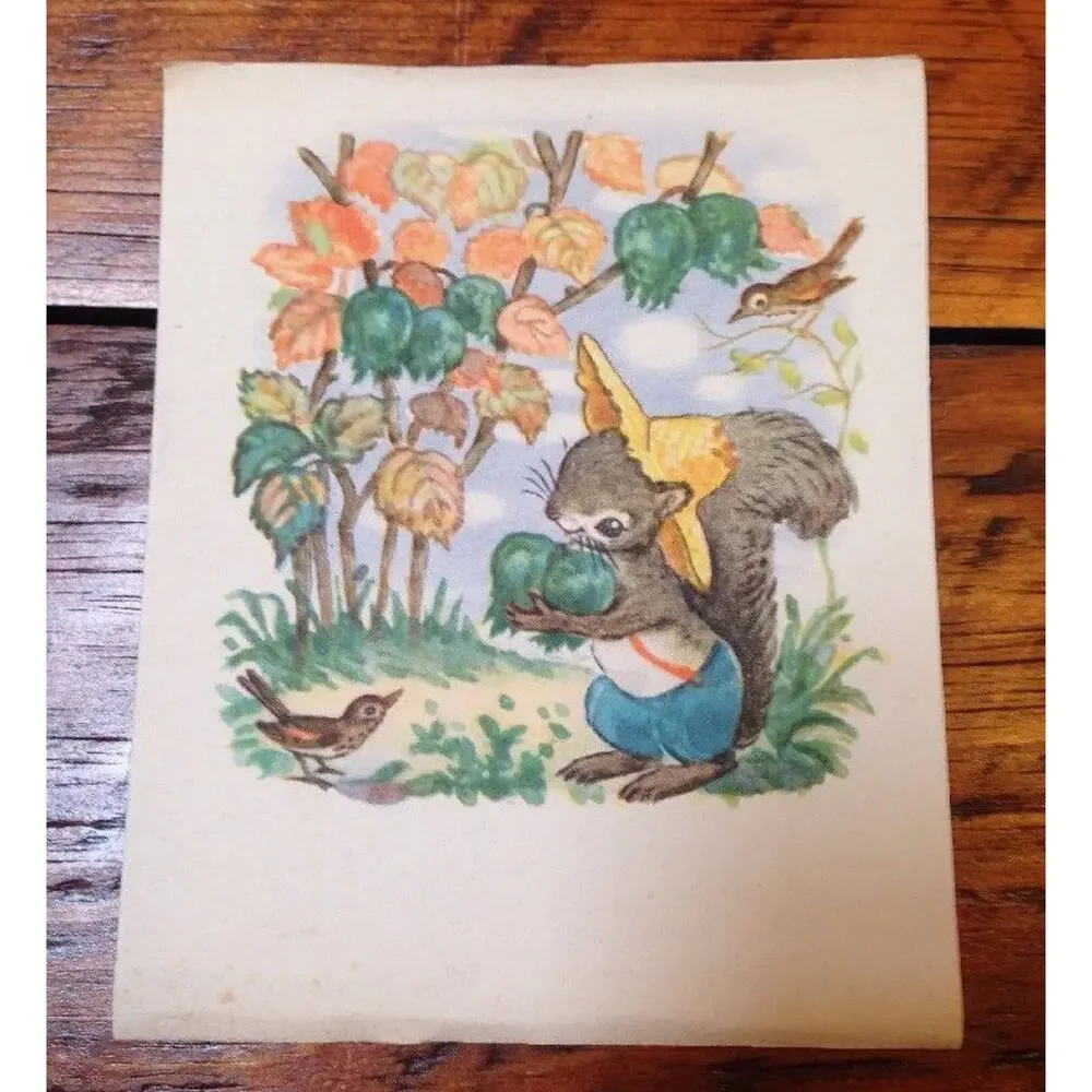 Vintage 1940s Brownie Squirrel Farmer Summer Berries Birds Blank Greeting Card